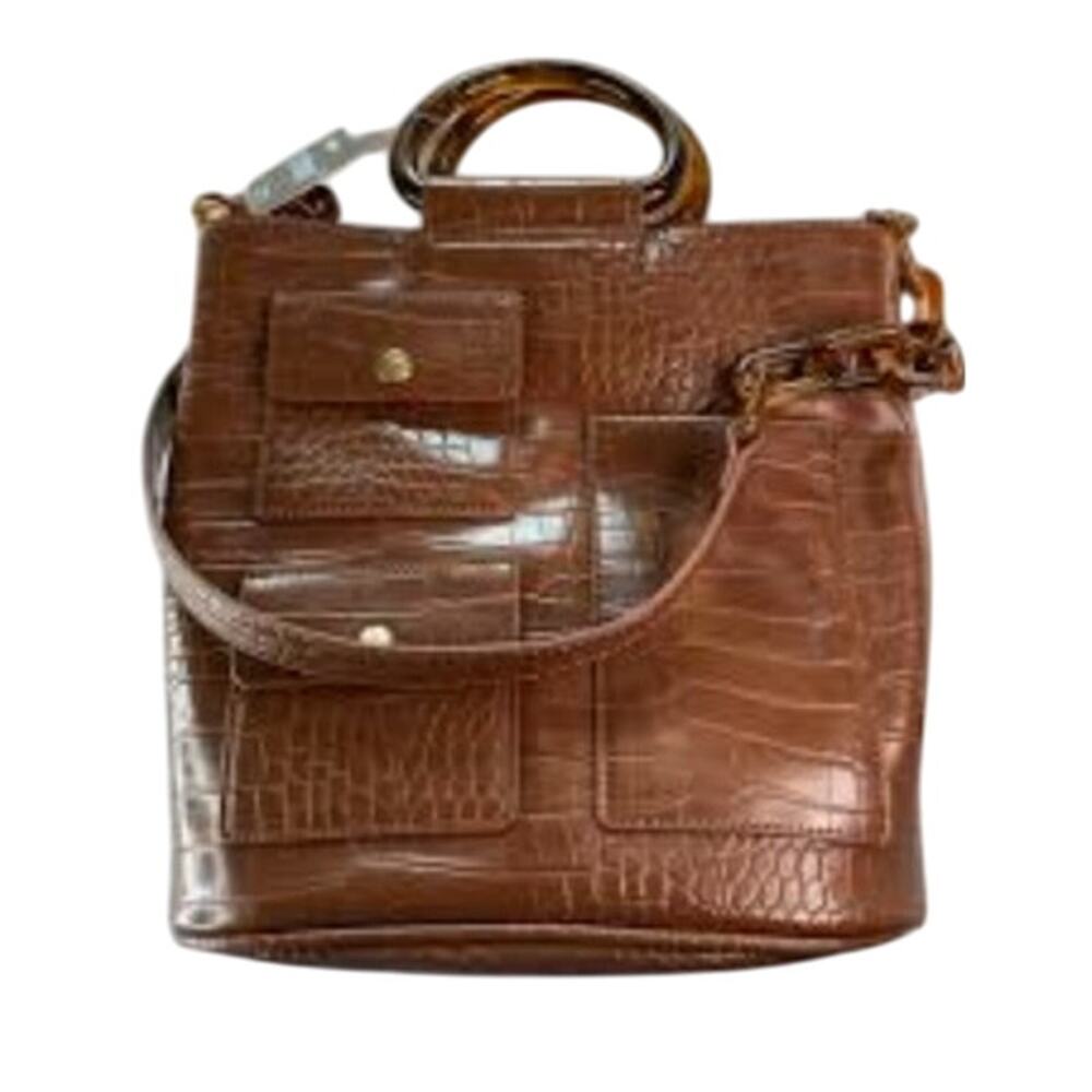 Studio 33 Caramel Brown Alligator Print Tote Bag, Plastic Chainlink Straps, NWT